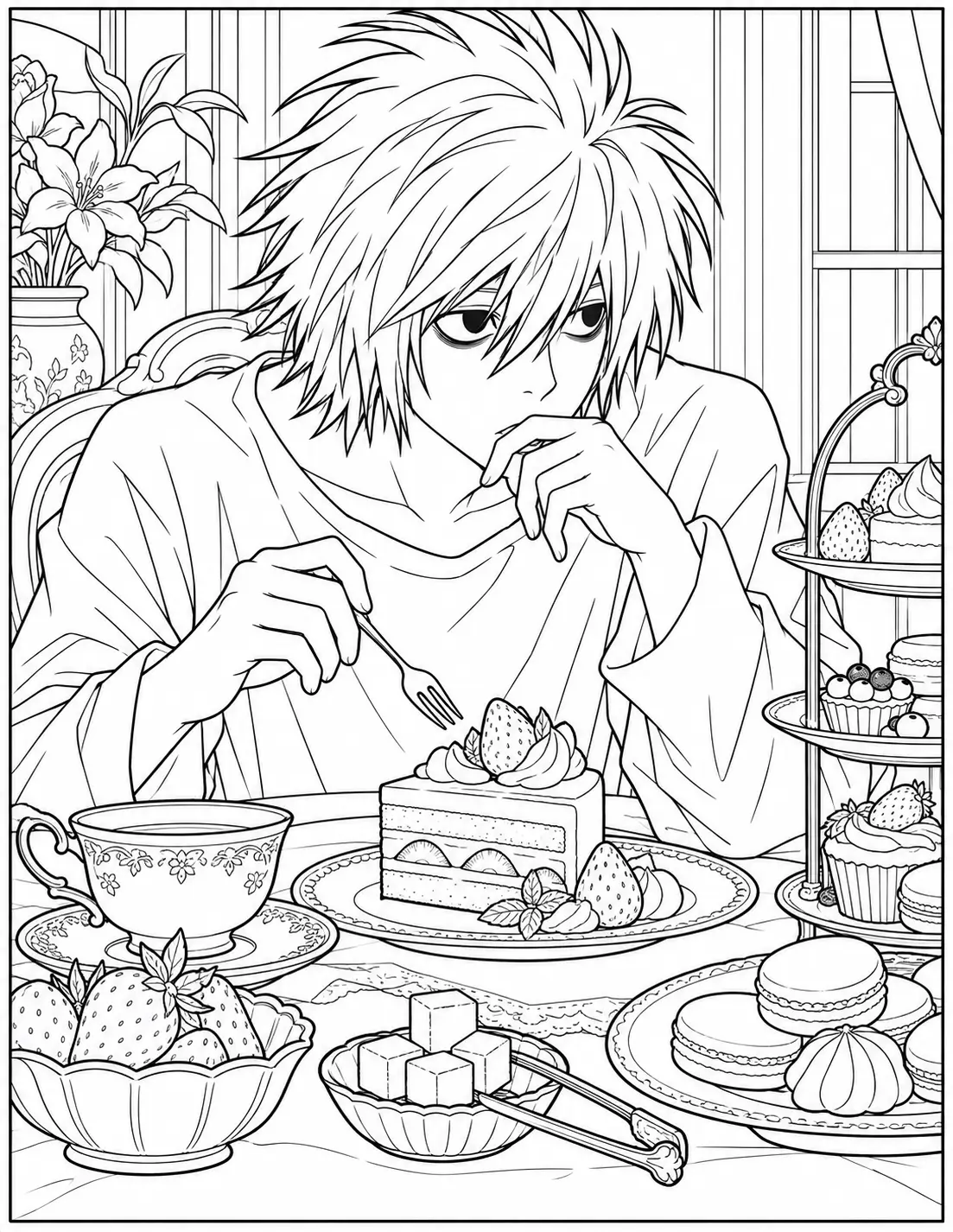 L sitting with cake and sweets coloring page