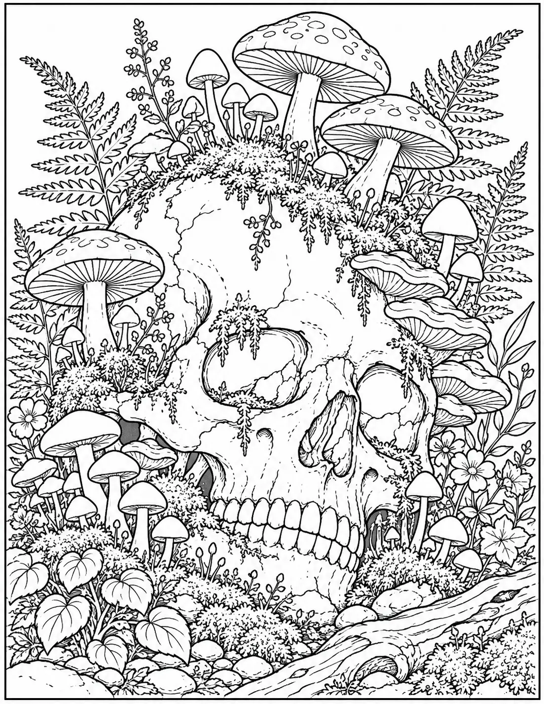 Mushroom forest skull coloring page for adults