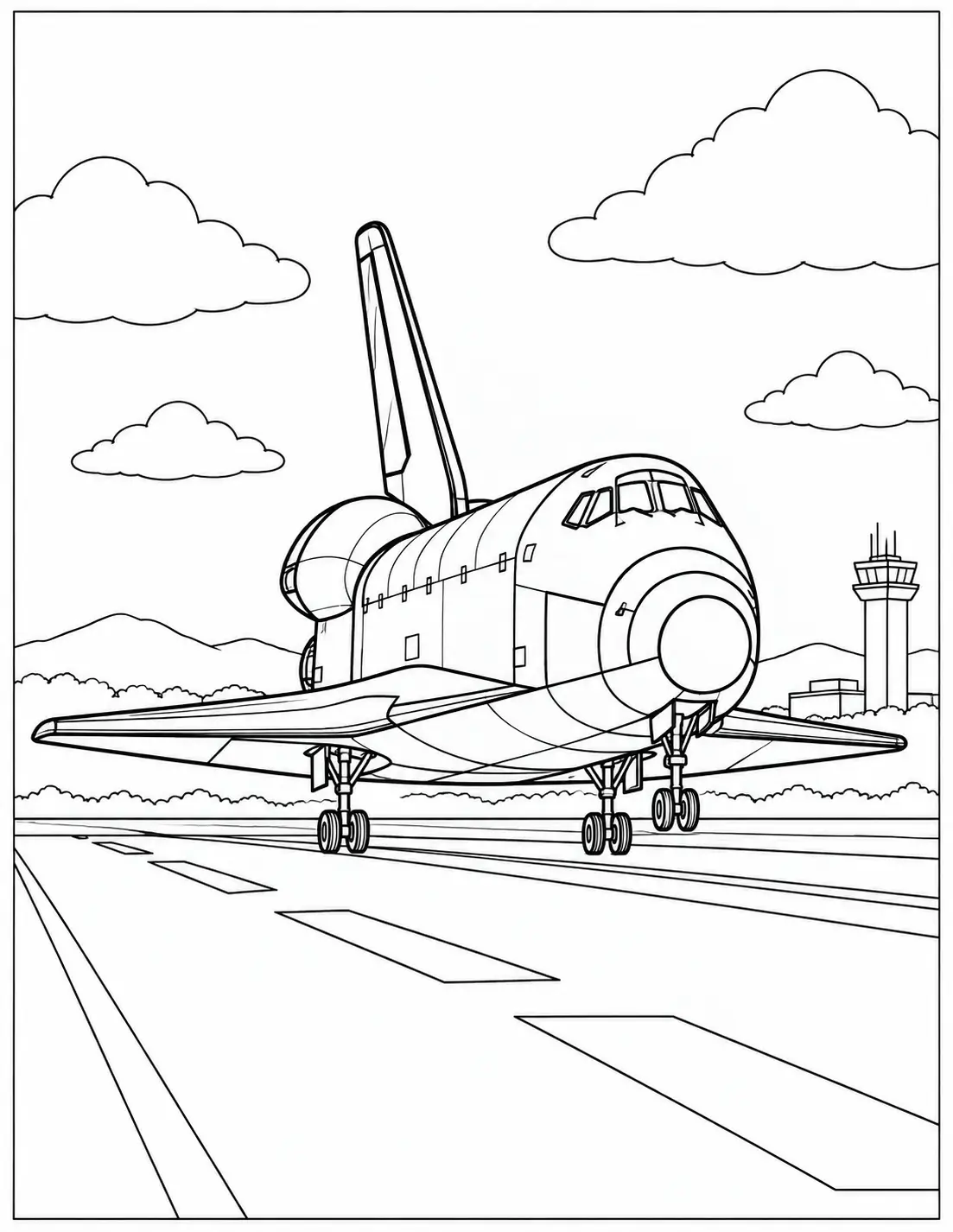 Space shuttle landing on a runway coloring page