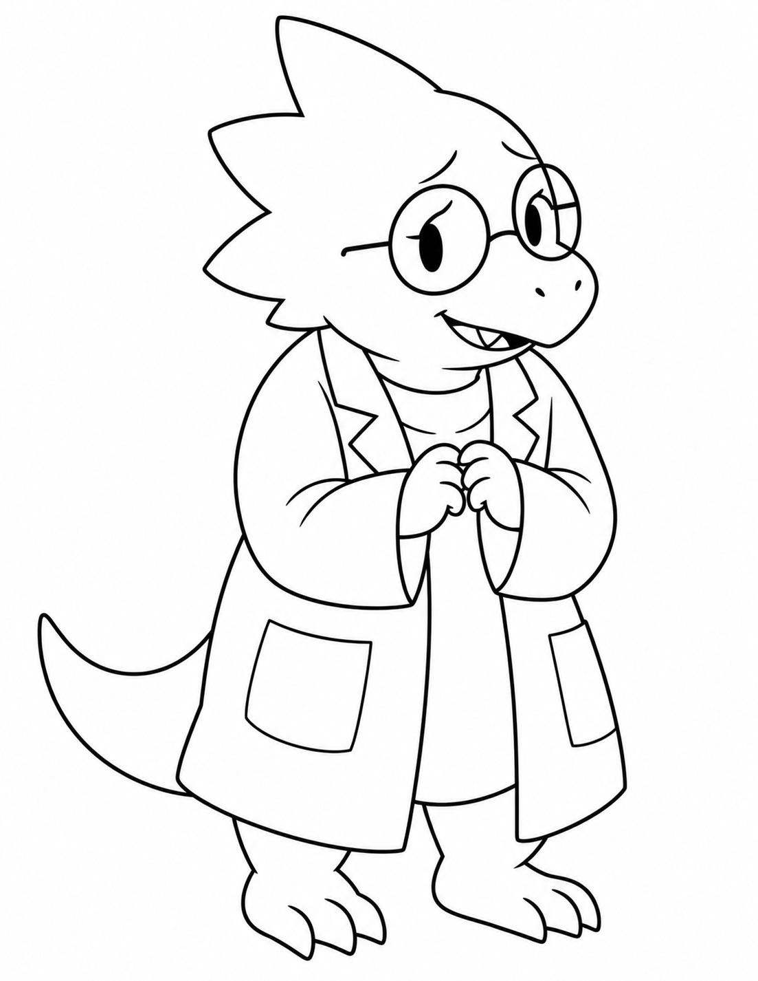 Alphys Undertale coloring page with glasses and lab coat