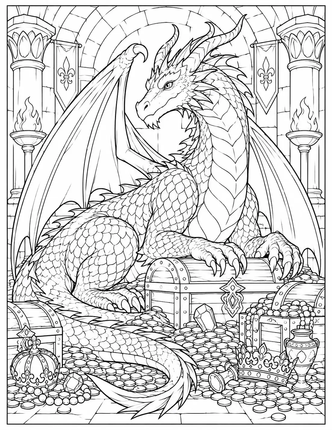 Dragon Guarding Treasure coloring page for adults
