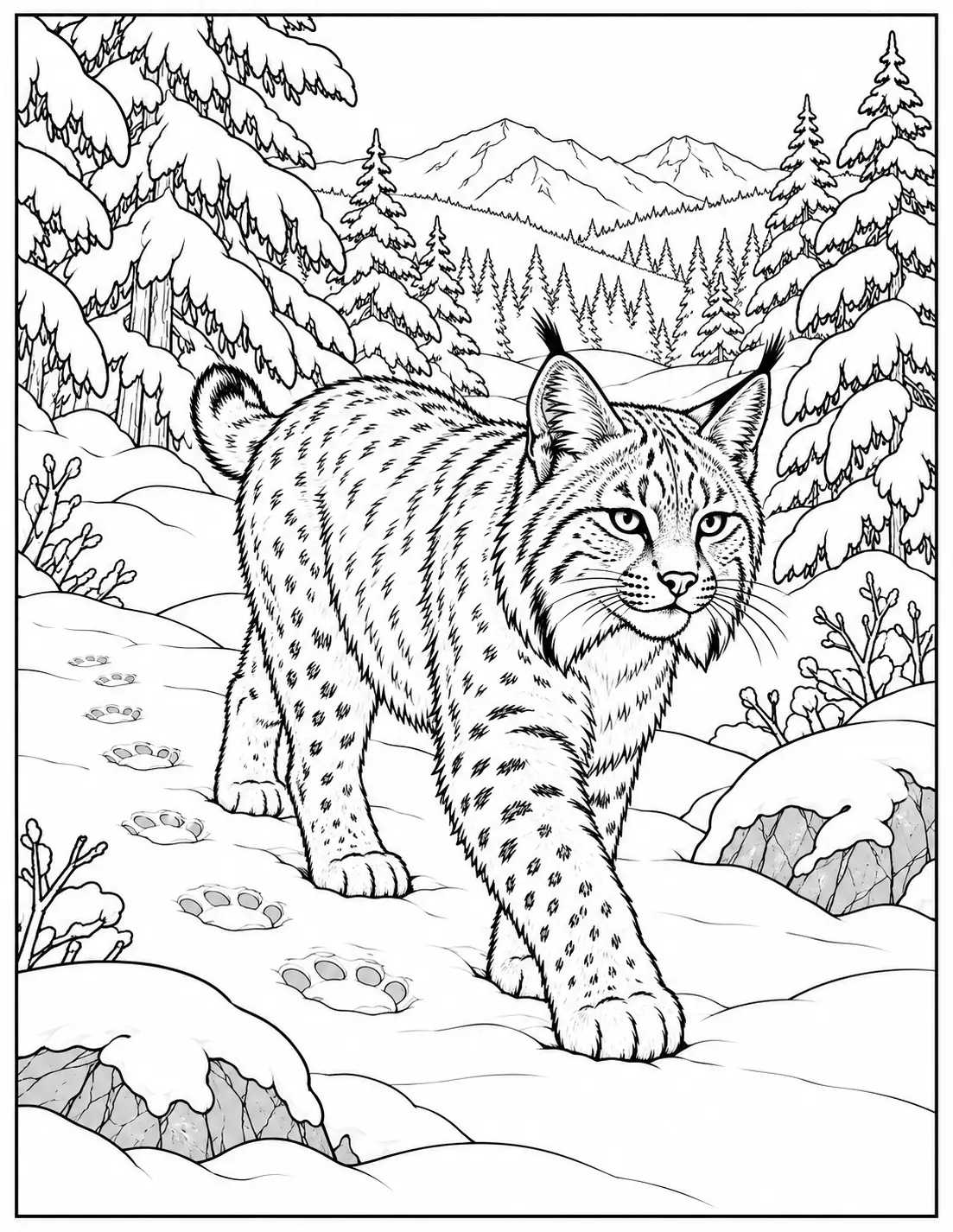 Bobcat walking through snow with pine trees and mountains coloring page