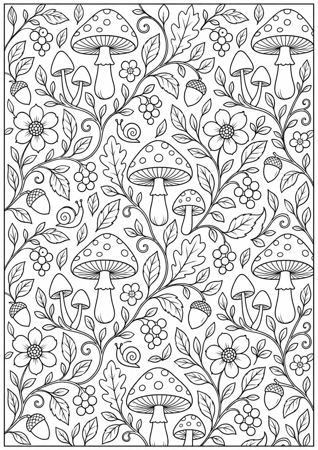 Mushroom nature pattern coloring page with leaves flowers and acorns