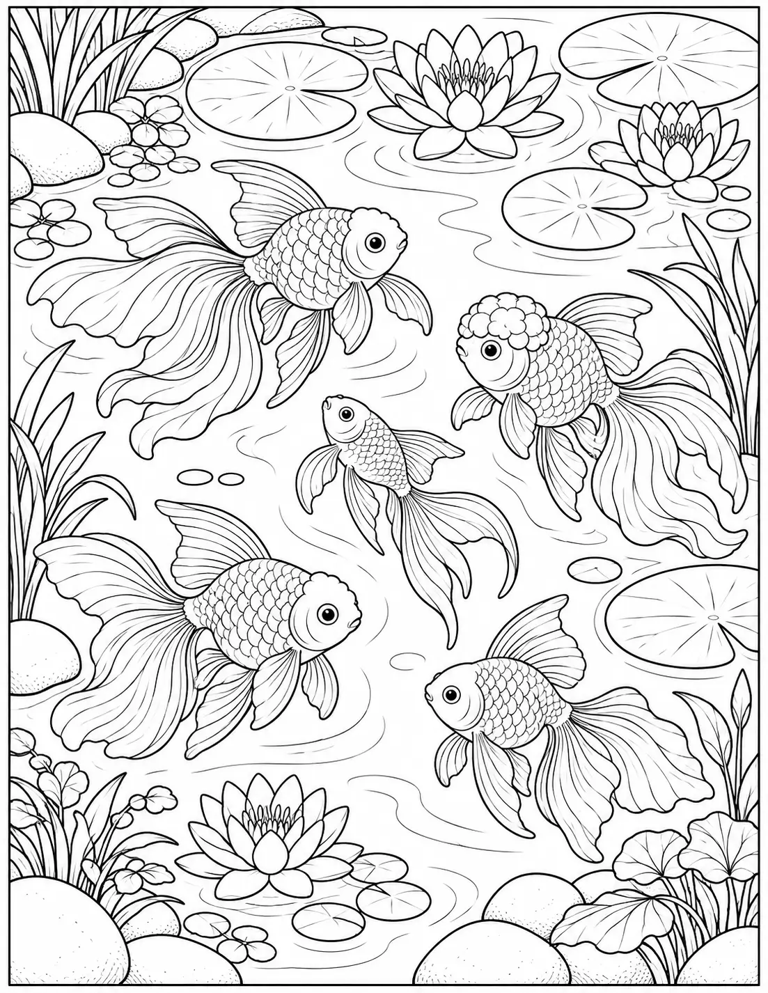 Goldfish swimming in a decorative pond coloring page for adults