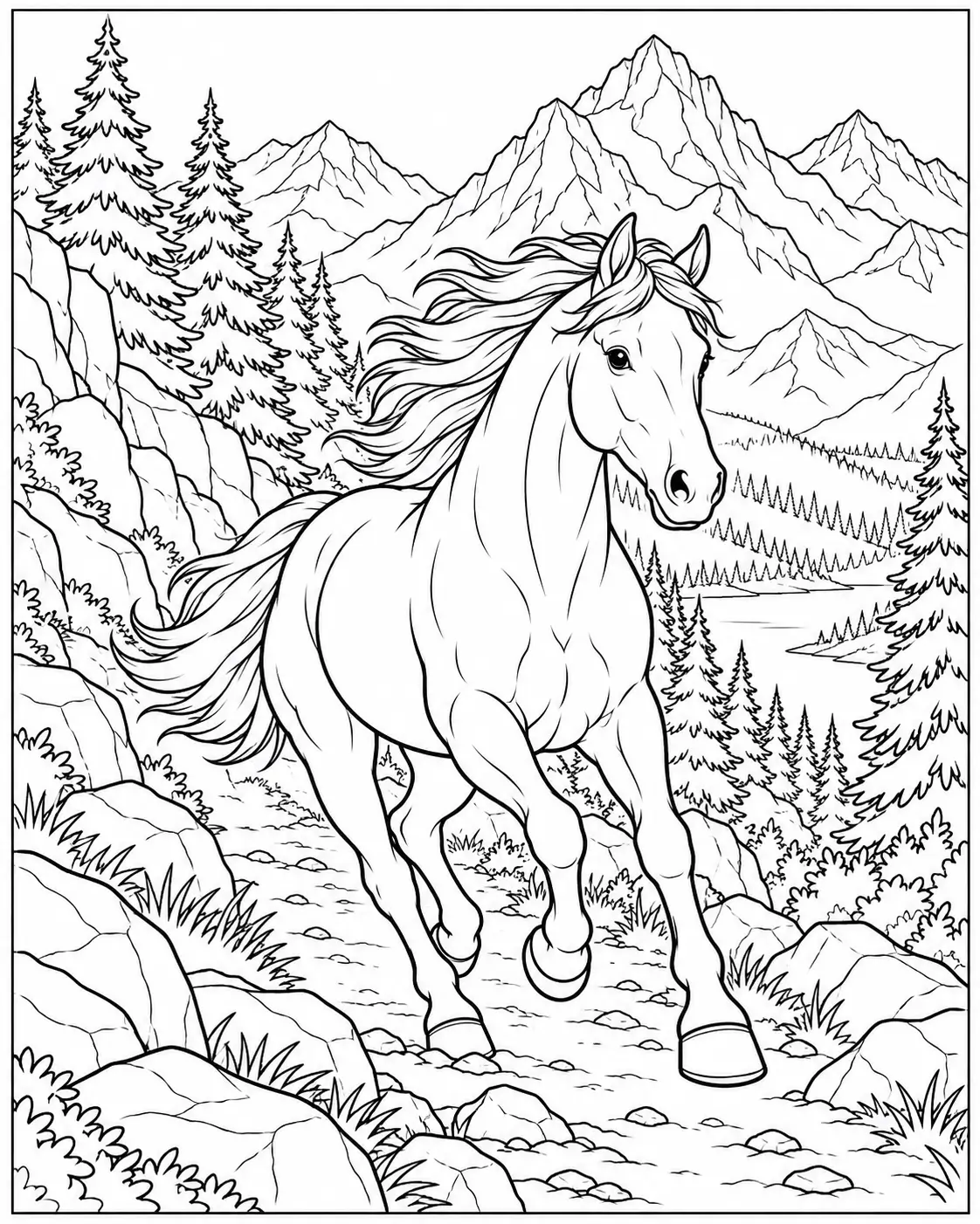 Horse galloping along a mountain trail coloring page
