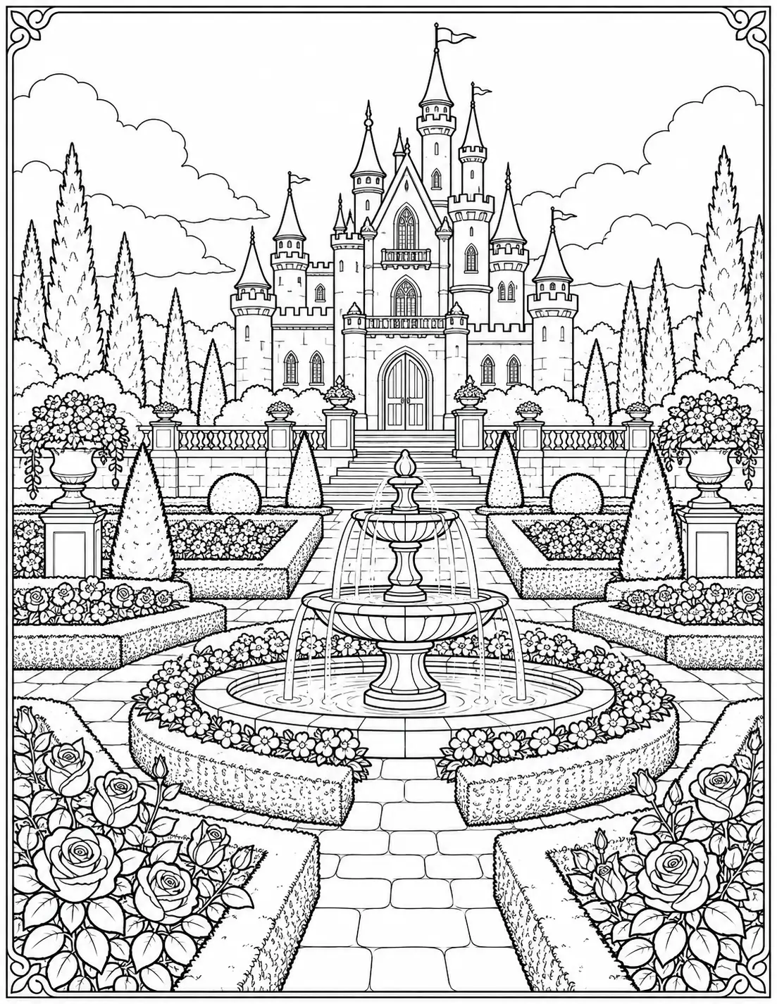 Royal garden castle with a fountain, roses, hedges and stone paths coloring page