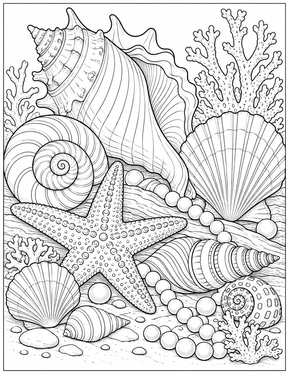 Seashells, starfish and pearls coloring page