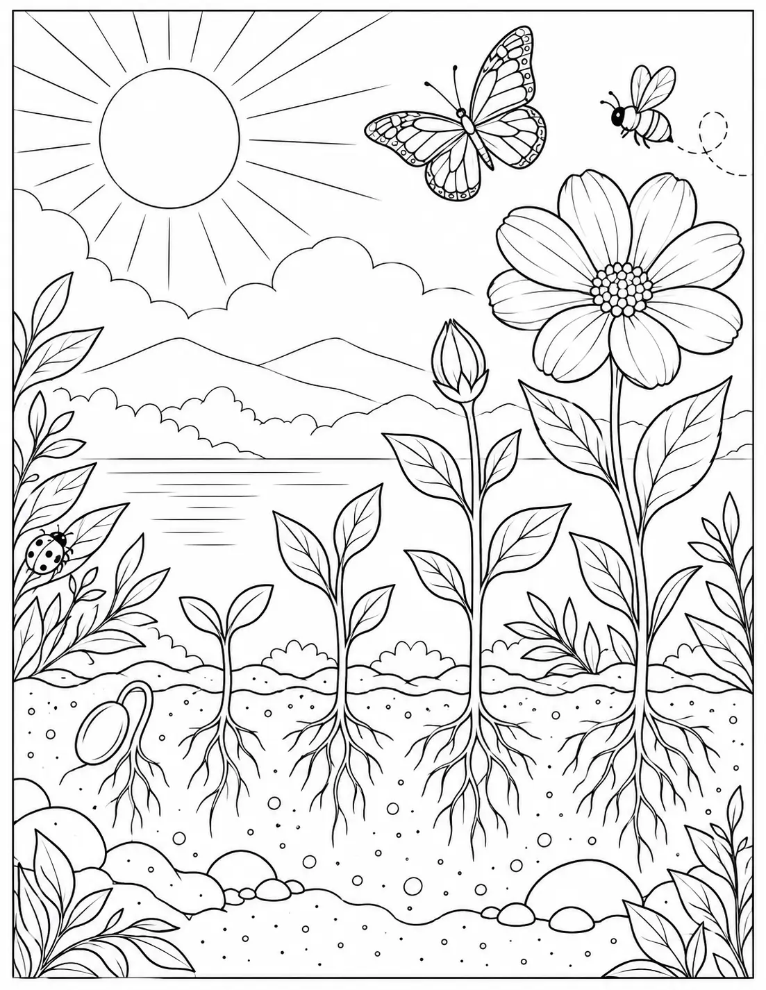 Seed growing into a blooming flower recovery coloring page