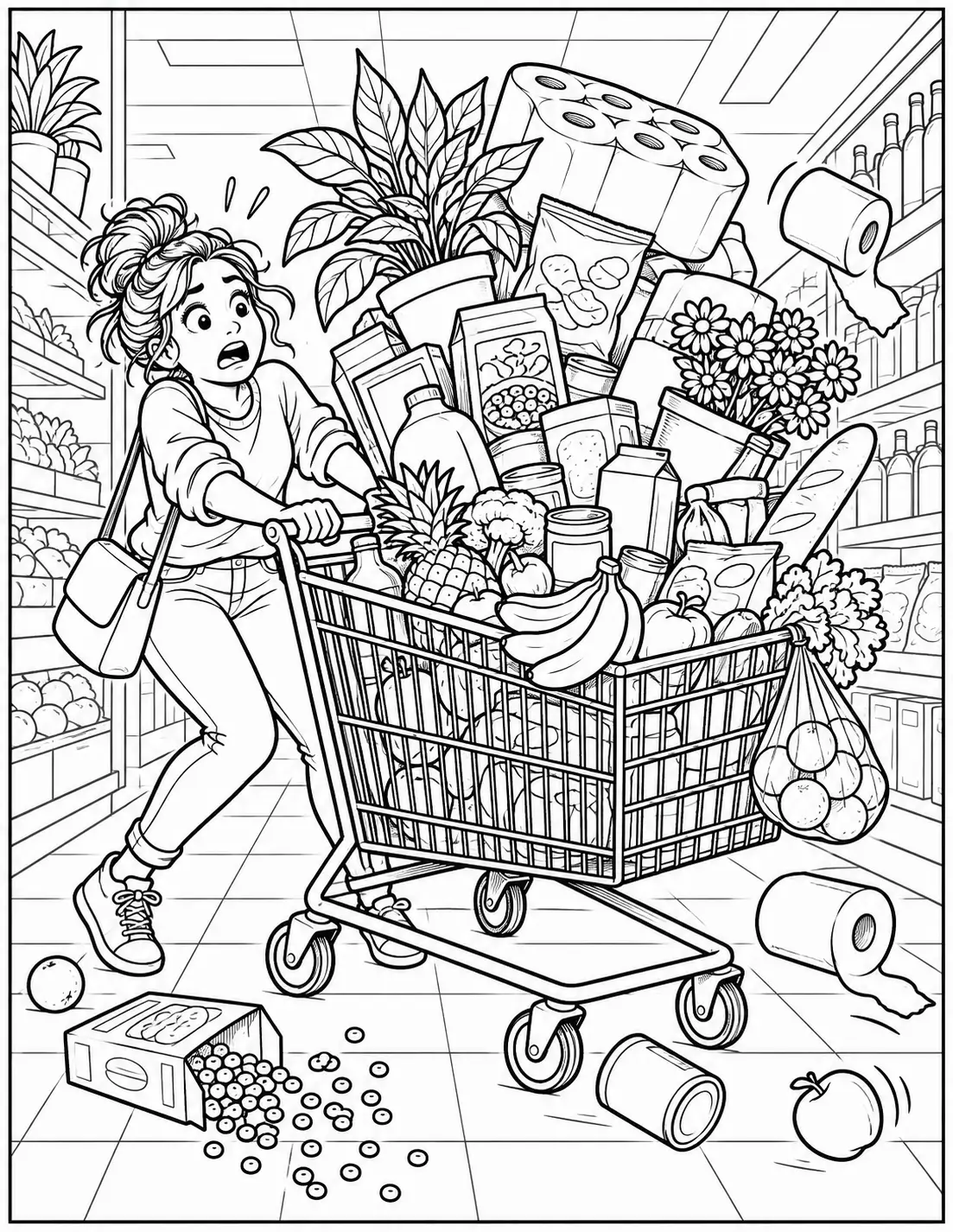 Funny adult coloring page of a woman pushing an overloaded grocery cart