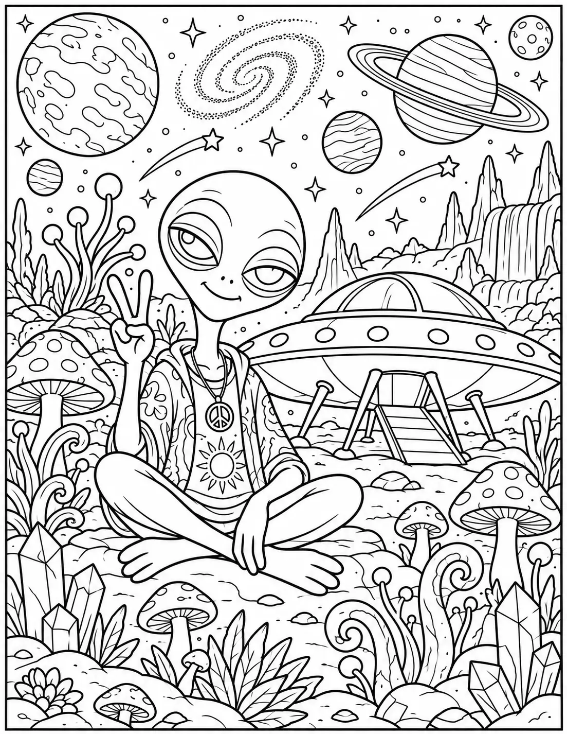 Relaxed alien in a cosmic garden stoner coloring page