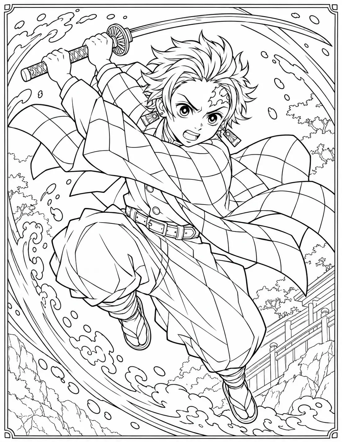 Tanjiro Kamado jumping sword attack with water effect coloring page