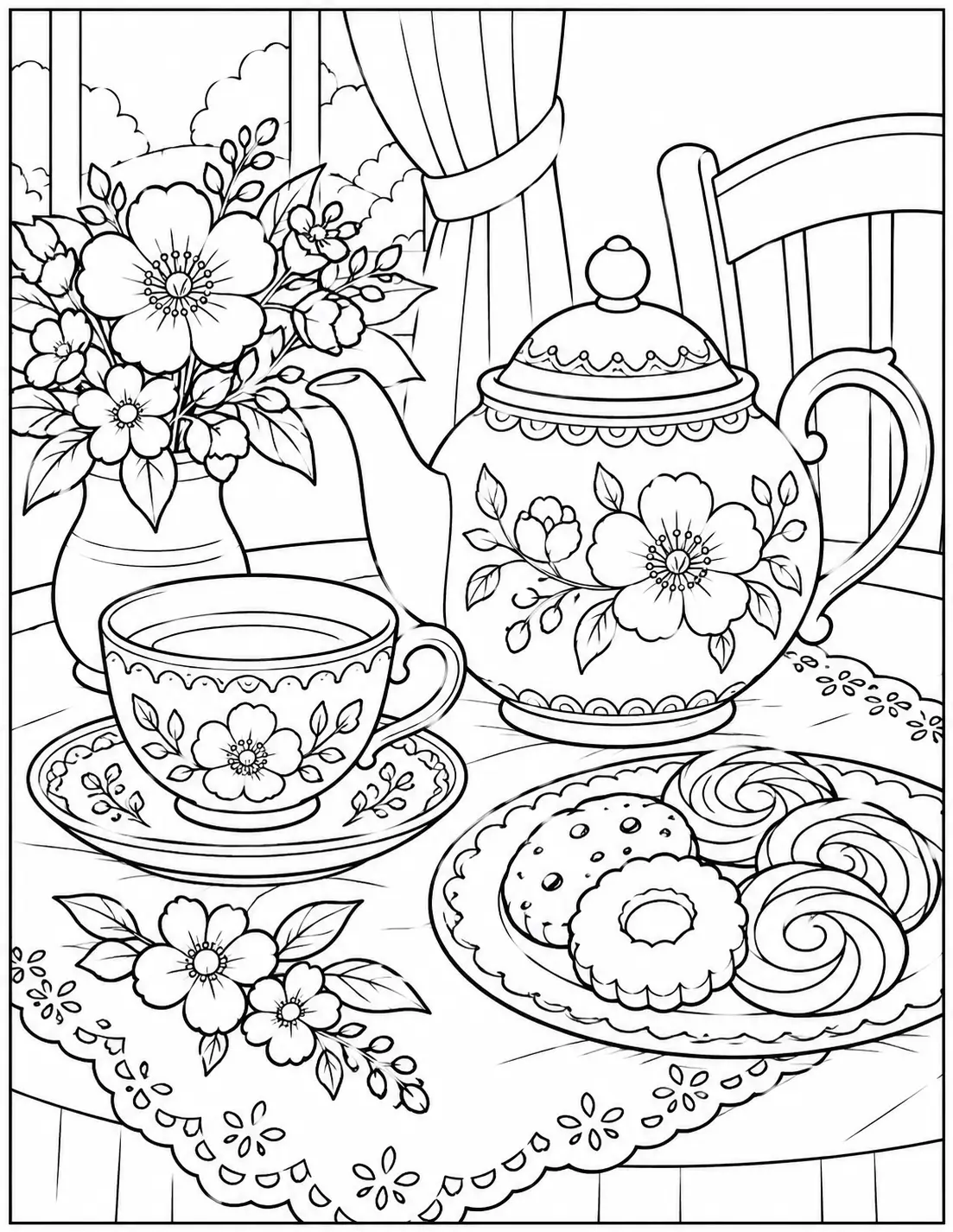 Tea time setup coloring page for adults with a teapot, cup, cookies, and flowers