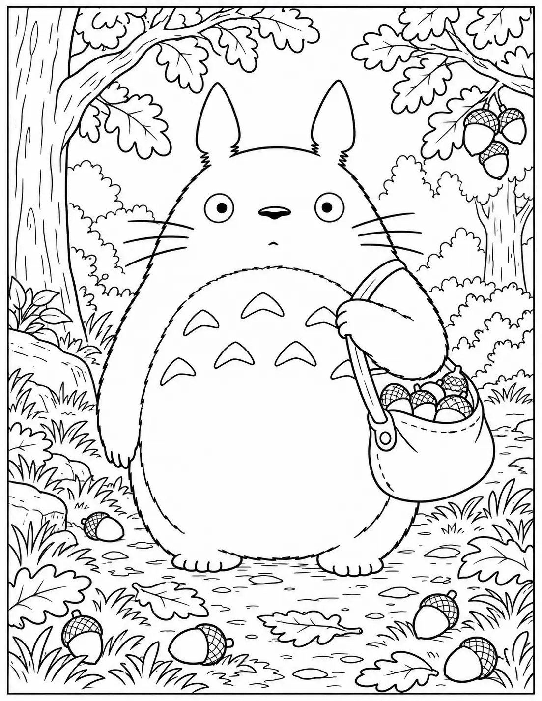 Totoro carrying a bag of acorns in the forest coloring page