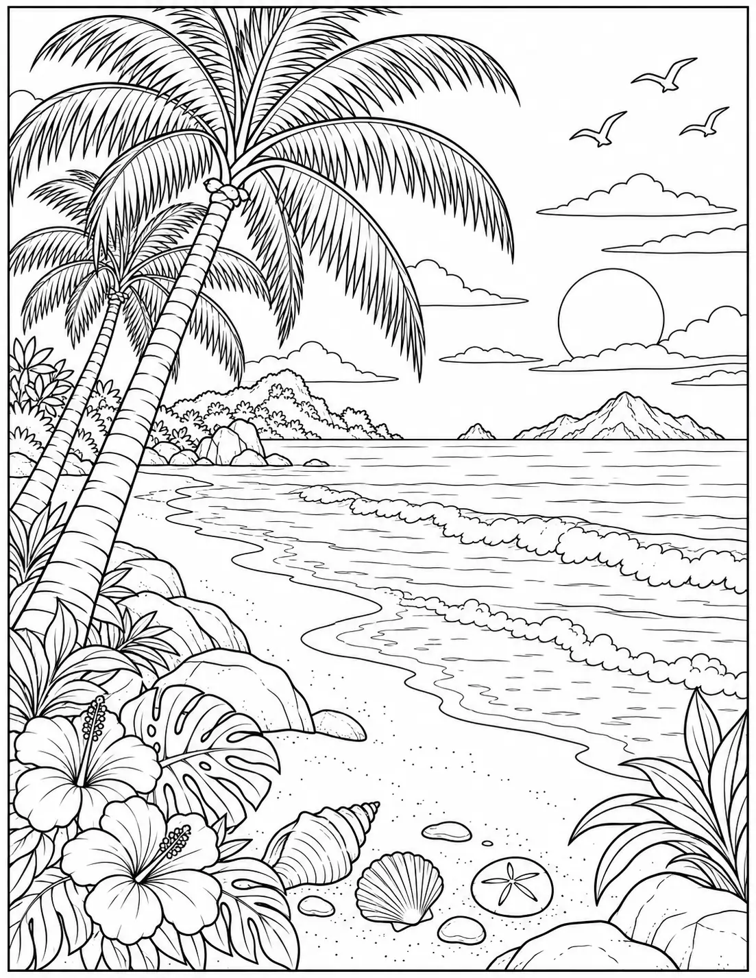 Tropical beach landscape coloring page