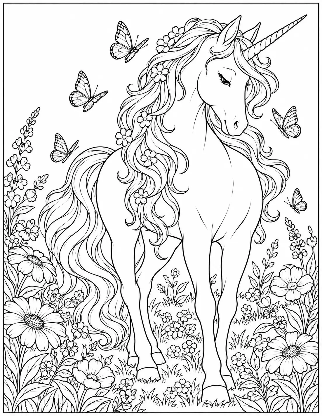 Unicorn with butterflies and flowers in a meadow coloring page for adults