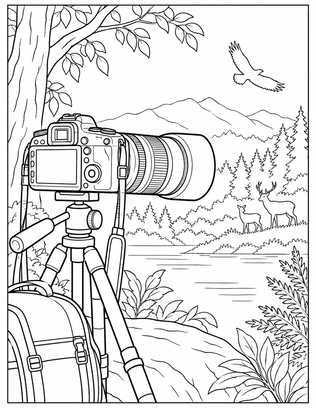 Wildlife photography coloring page with camera, deer, bird, forest, and mountains