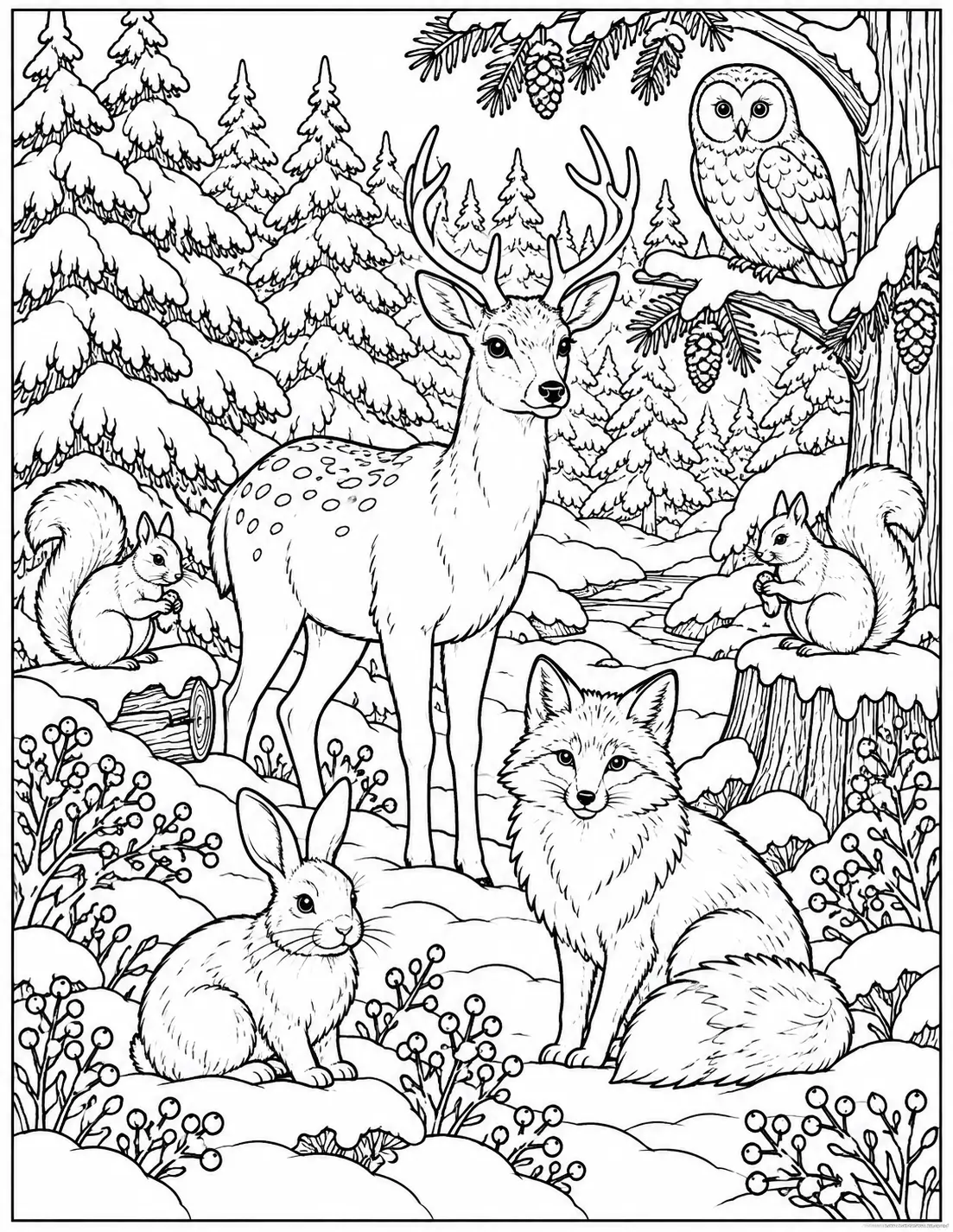 Winter woodland animals with deer, fox, rabbit, owl, and squirrels coloring page