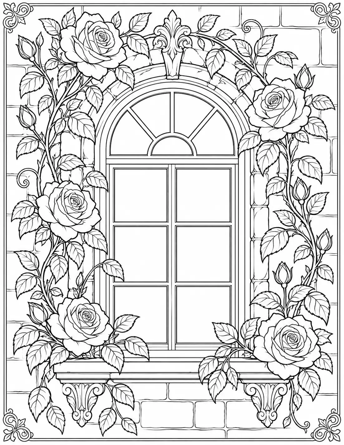 Rose window frame coloring page for adults