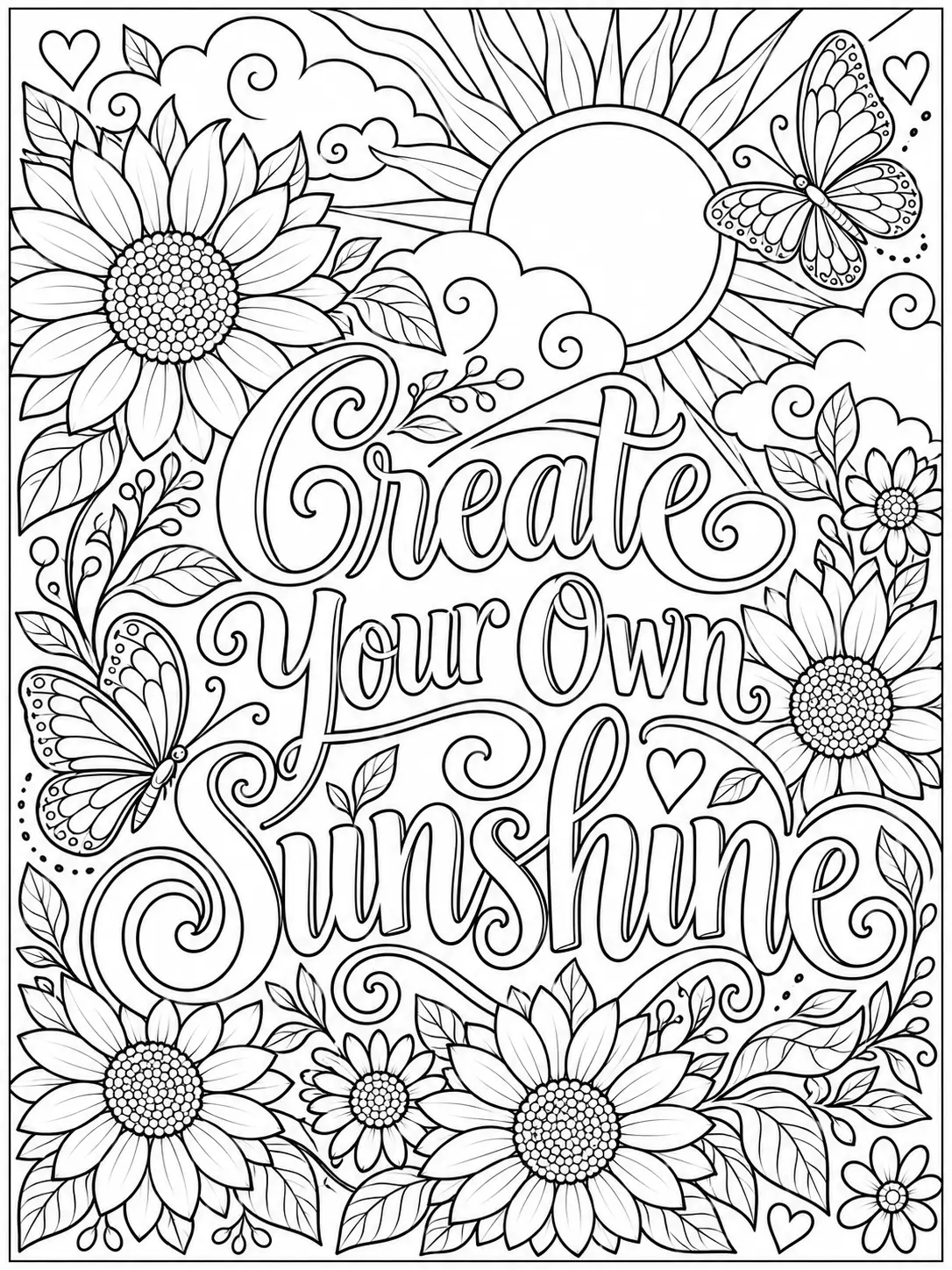 Create Your Own Sunshine quote coloring page with sunflowers, butterflies, and a sun