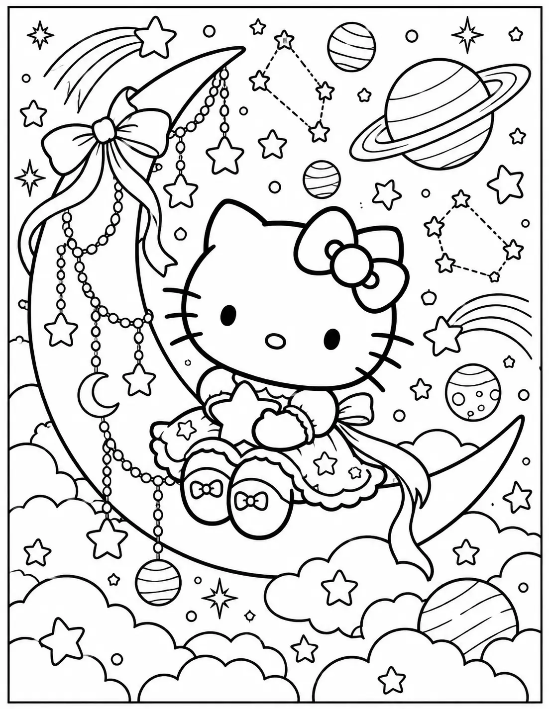 Hello Kitty under the stars coloring page for adults