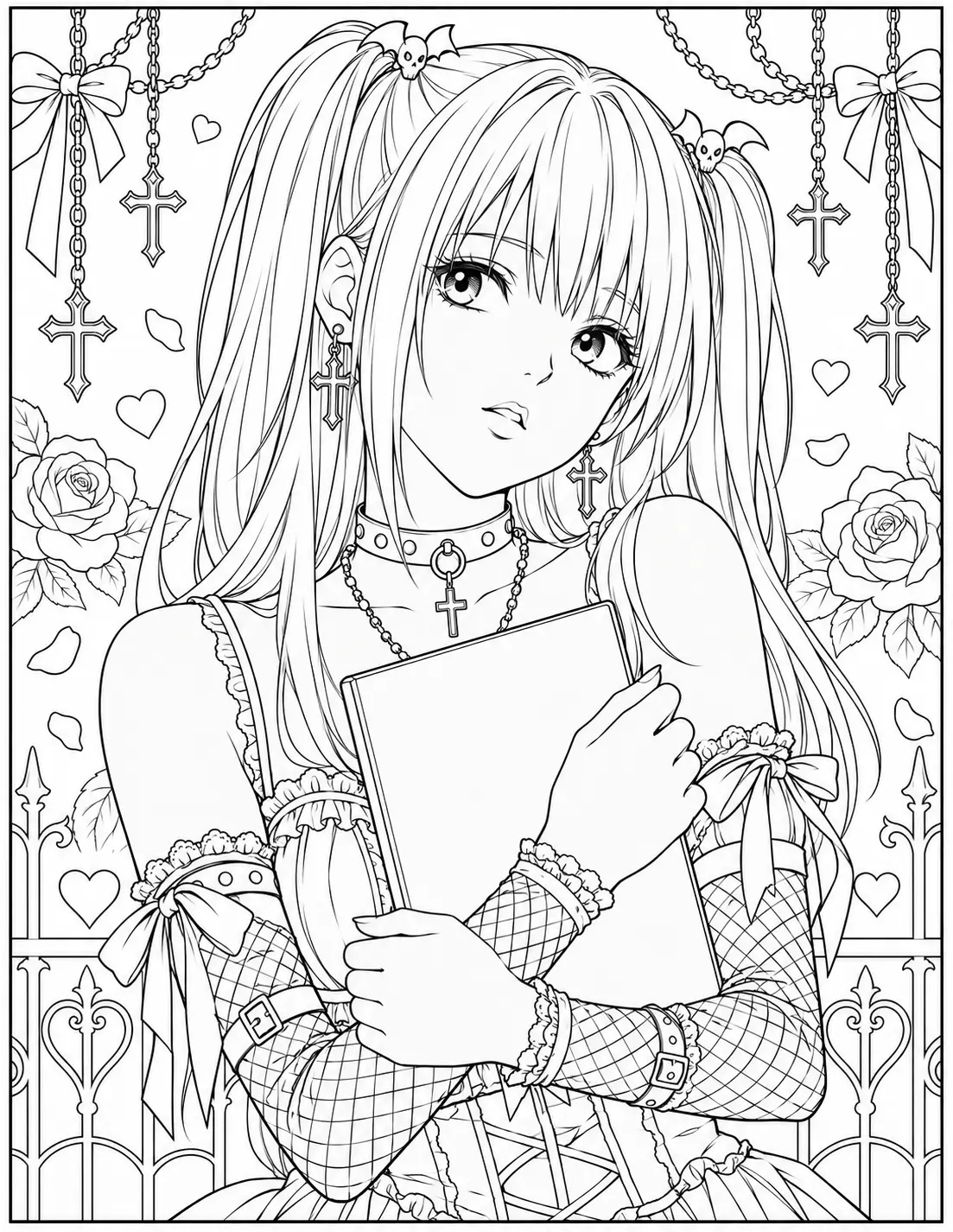 Misa Amane holding the Death Note notebook coloring page