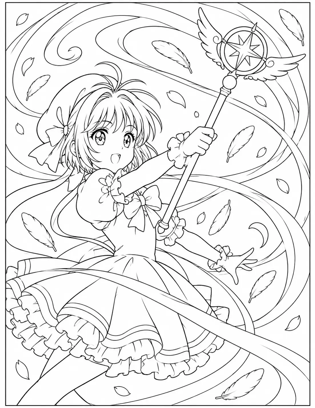 Sakura casting wind magic with flowing ribbons and feathers