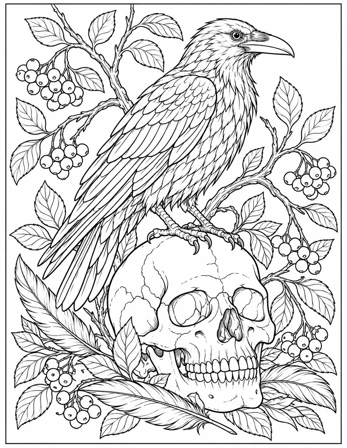 Skull with raven coloring page for adults