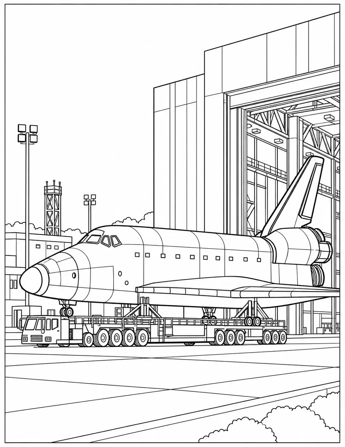 Space shuttle at a space center hangar coloring page