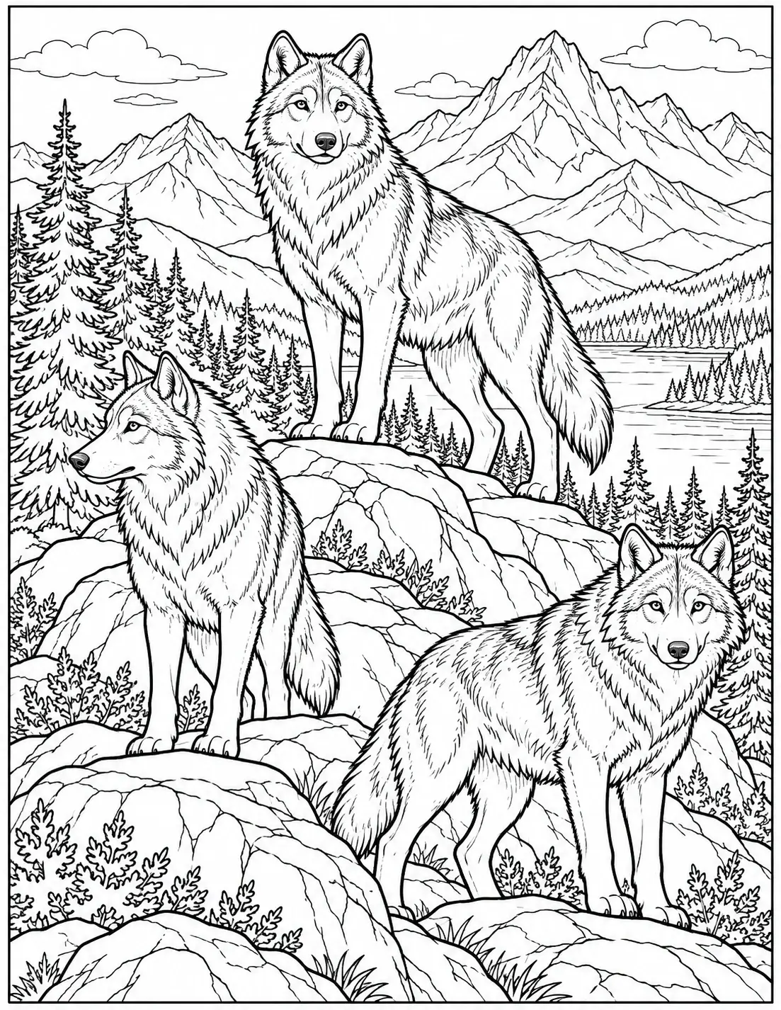Three wolves standing on a rocky mountain landscape coloring page