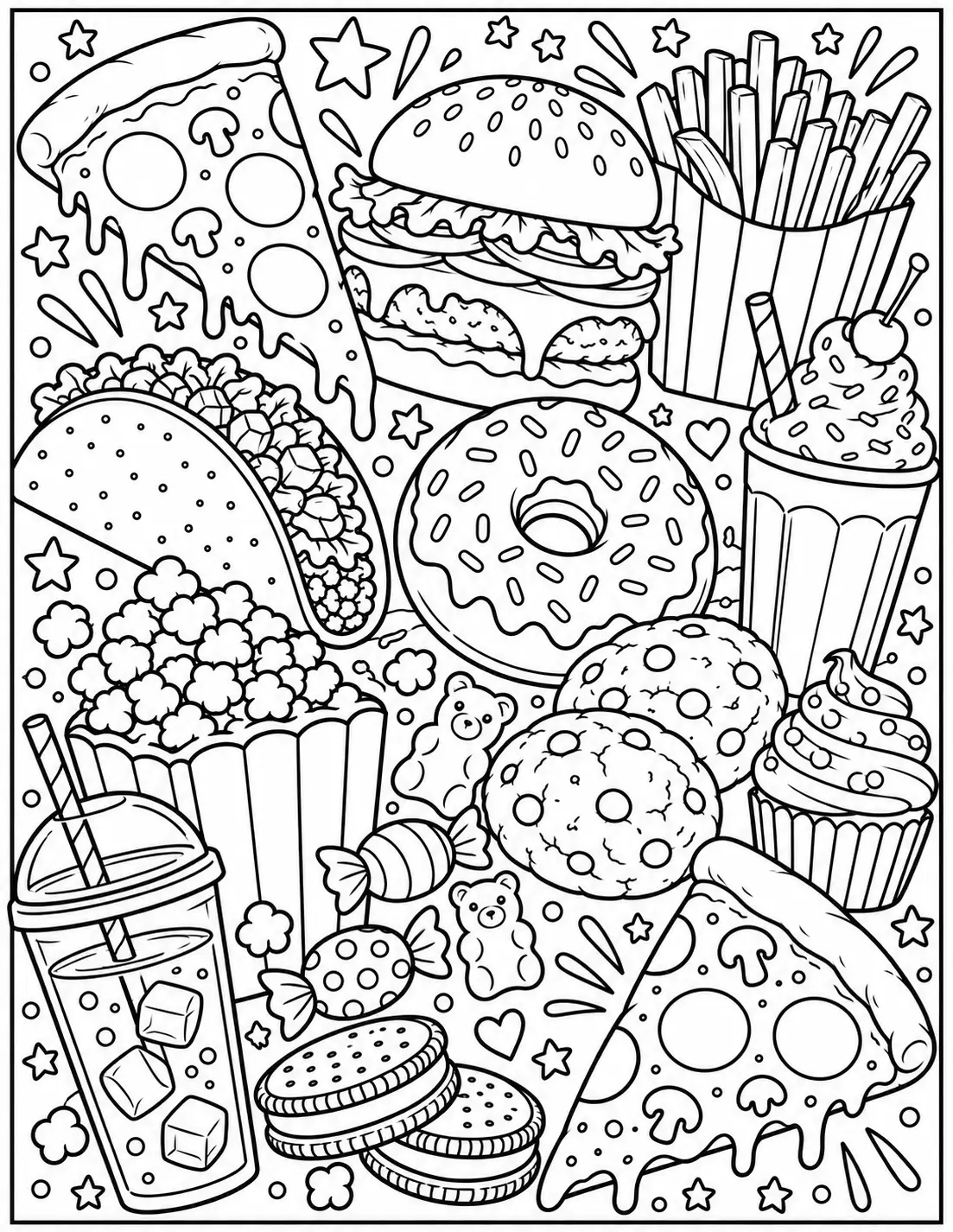 Snack attack food collage with pizza fries donuts and sweets coloring page