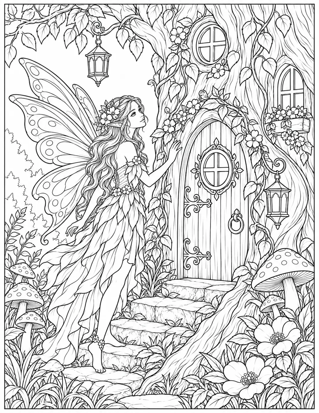 Fairy Tree House coloring page for adults