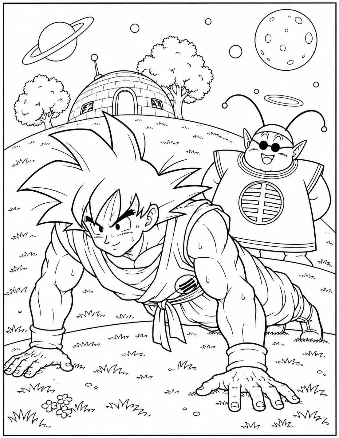 Goku training on King Kai's planet coloring page