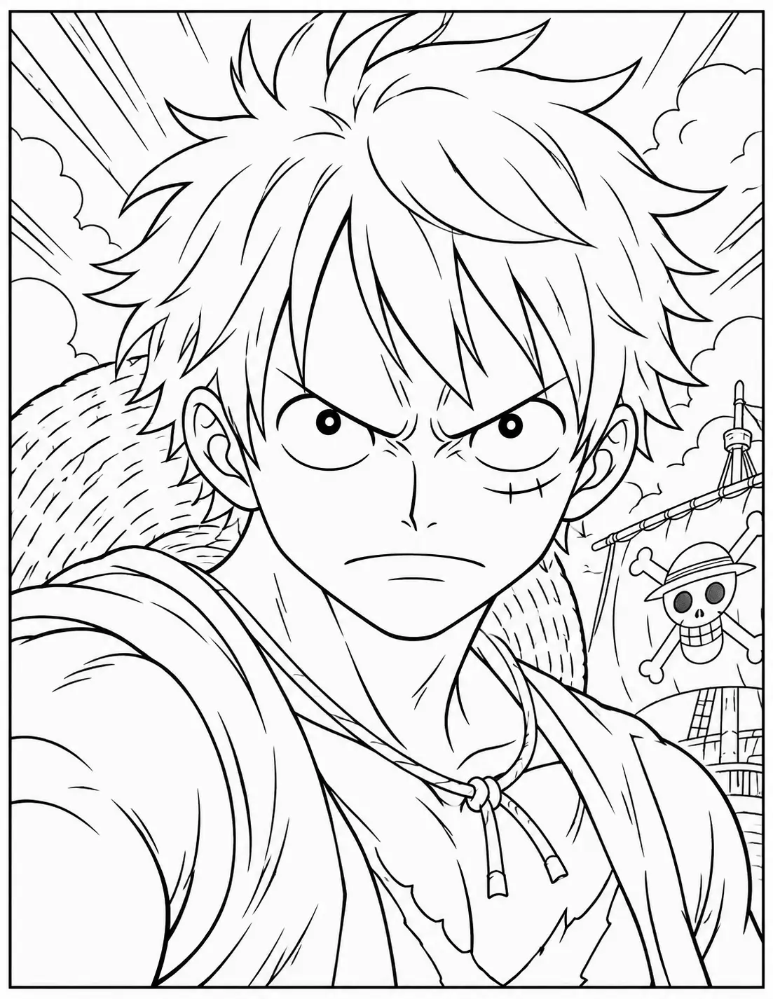 Serious Monkey D. Luffy portrait coloring page