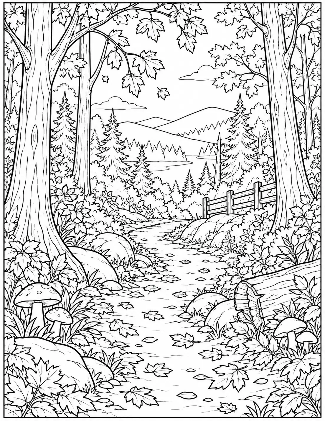 Autumn forest path landscape coloring page