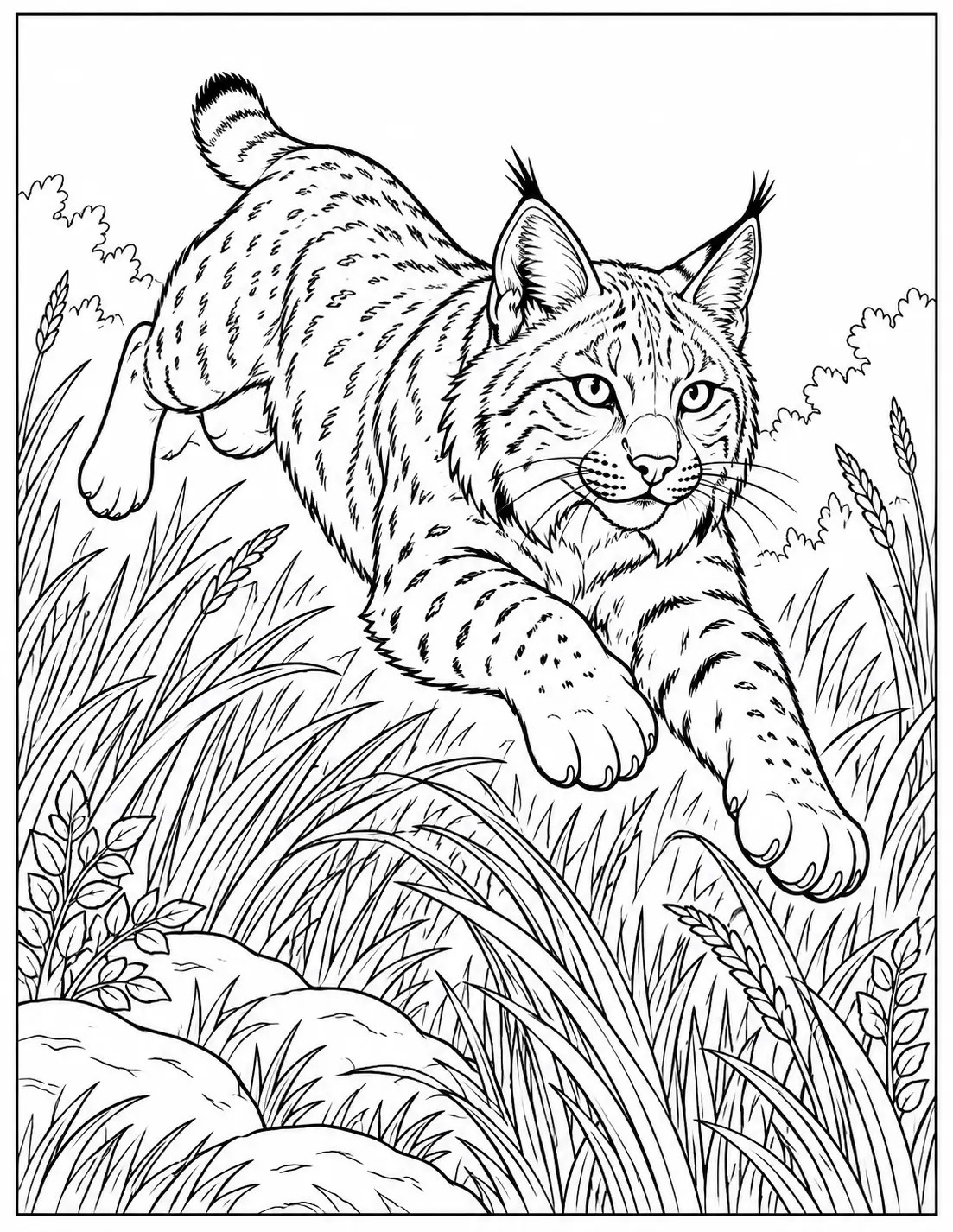 Bobcat pouncing through tall grass coloring page