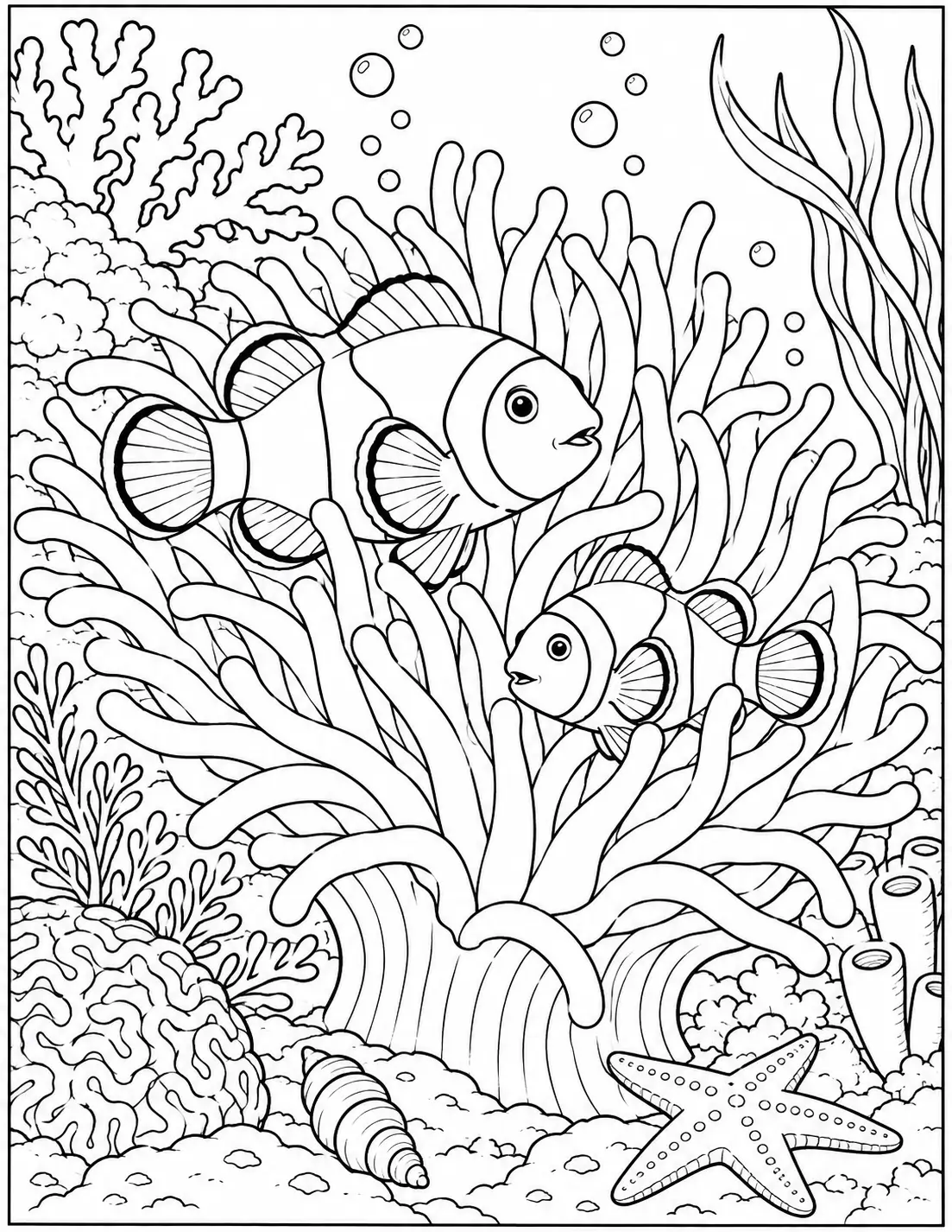 Clownfish swimming in a sea anemone coloring page