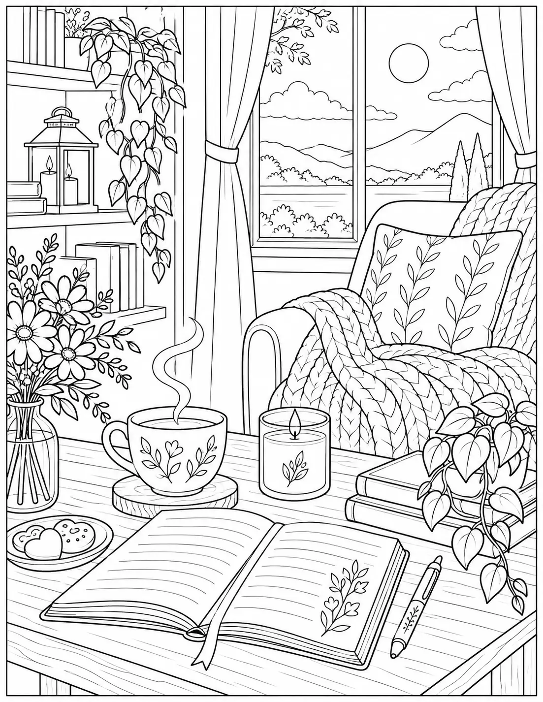 Cozy self-care reading nook recovery coloring page