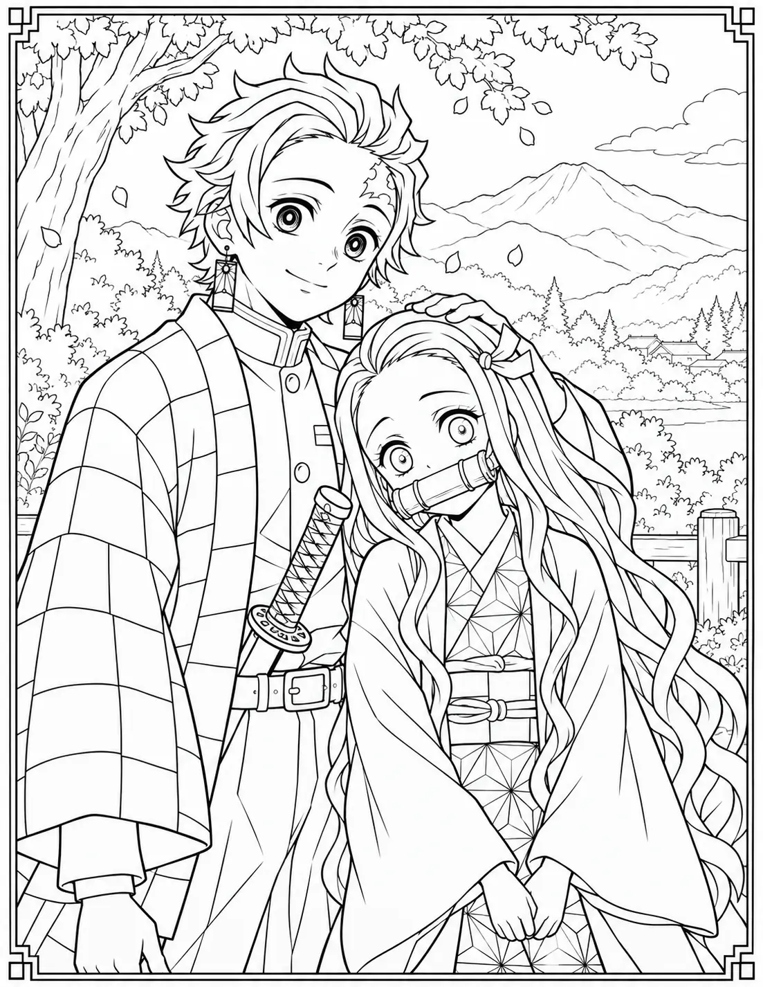 Tanjiro Kamado and Nezuko together in a scenic landscape coloring page