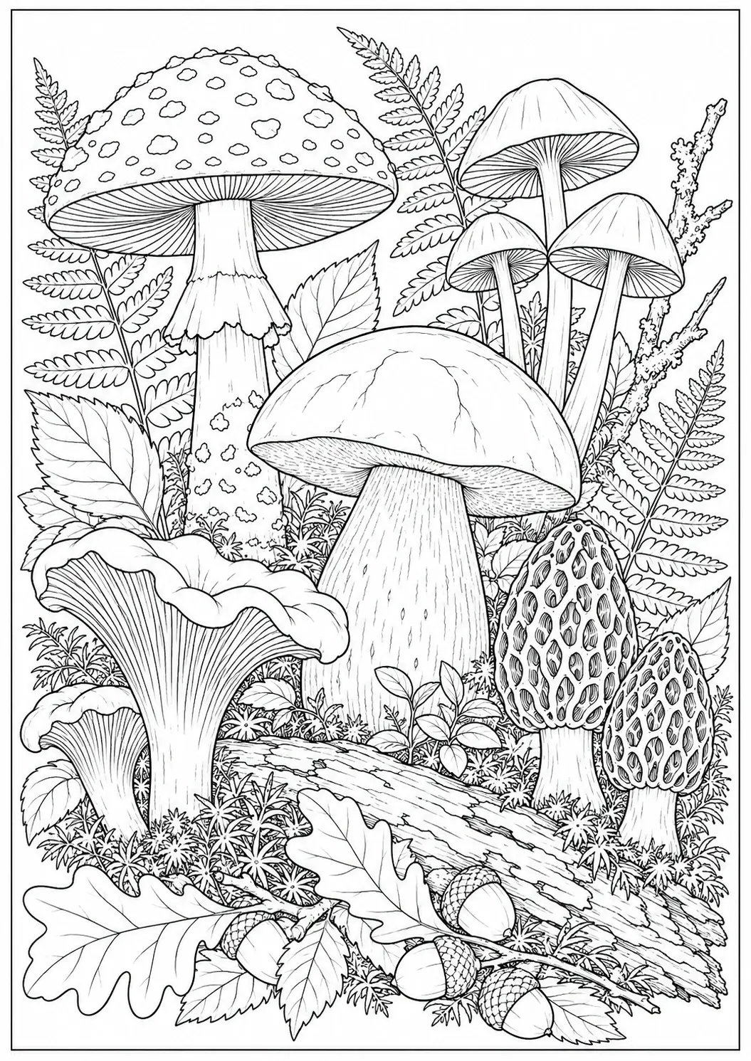 Forest mushroom collection coloring page with botanical details