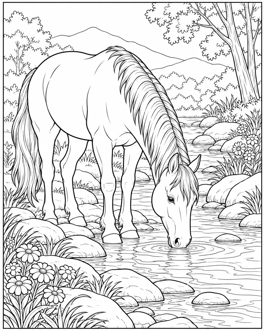 Horse drinking from a peaceful stream coloring page