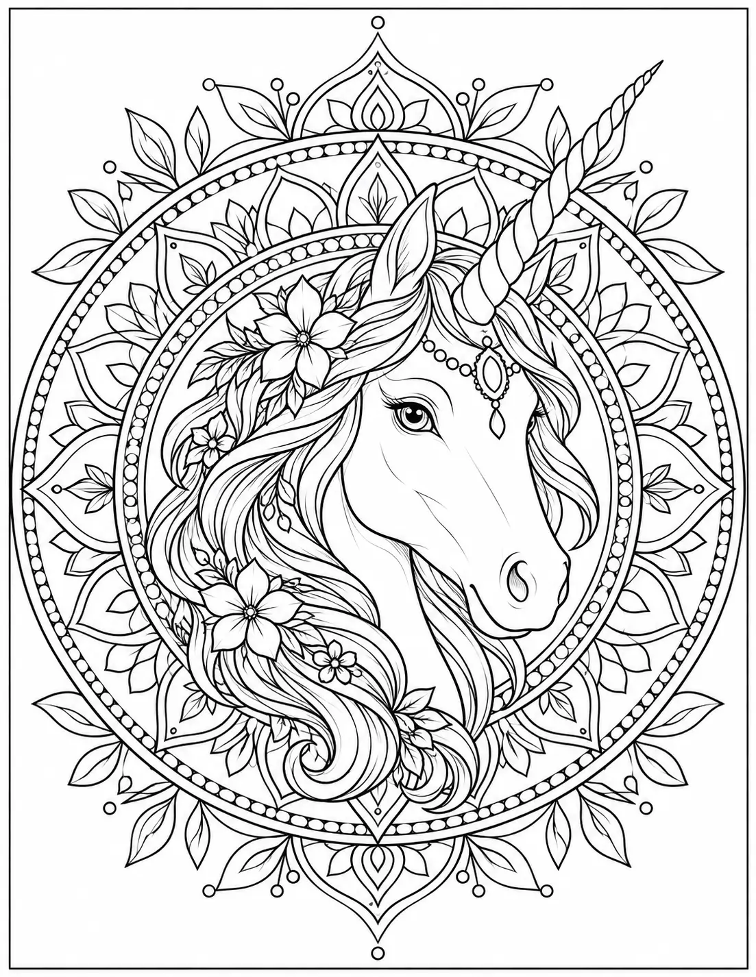 Unicorn portrait inside a floral mandala coloring page for adults