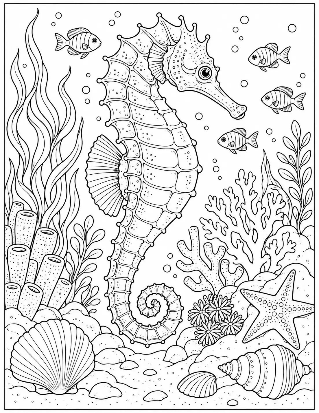 Seahorse and small fish in a coral reef coloring page for adults