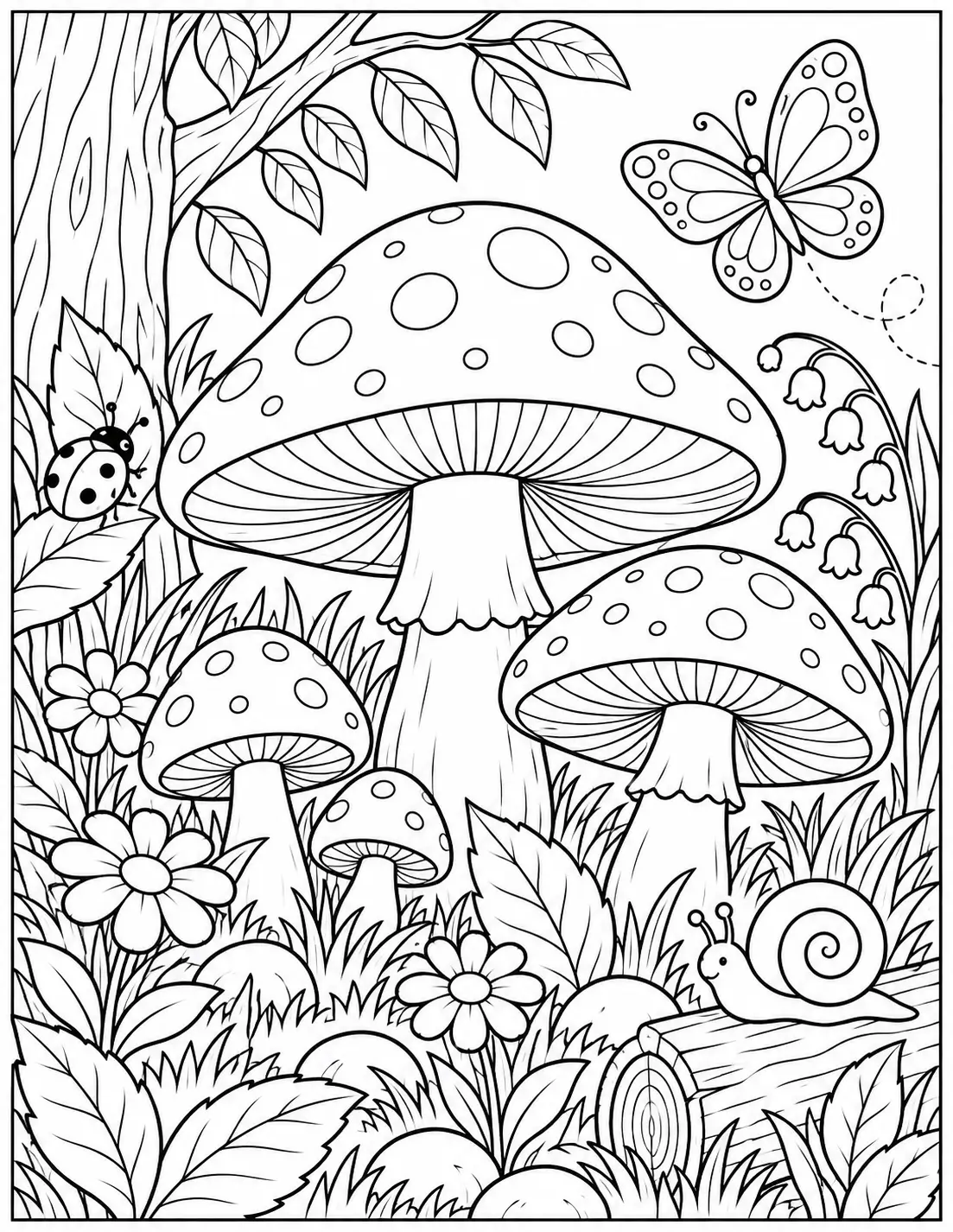 Mushroom garden coloring page for adults with large mushrooms, flowers, a butterfly, and a snail
