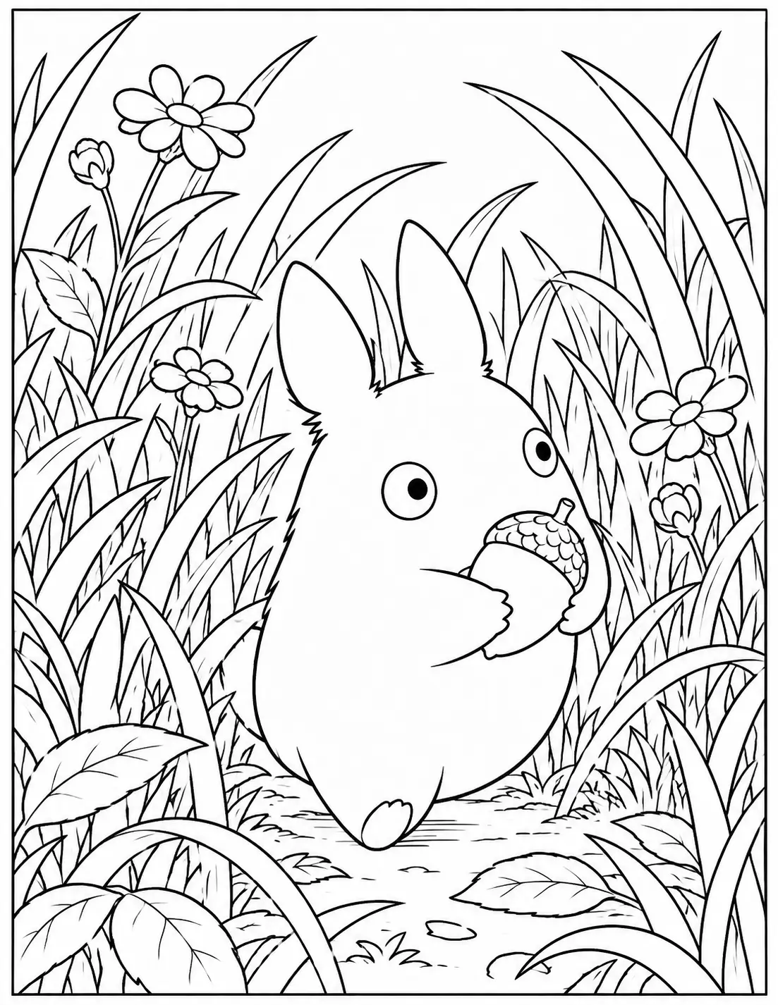 Small Totoro holding an acorn in tall grass coloring page