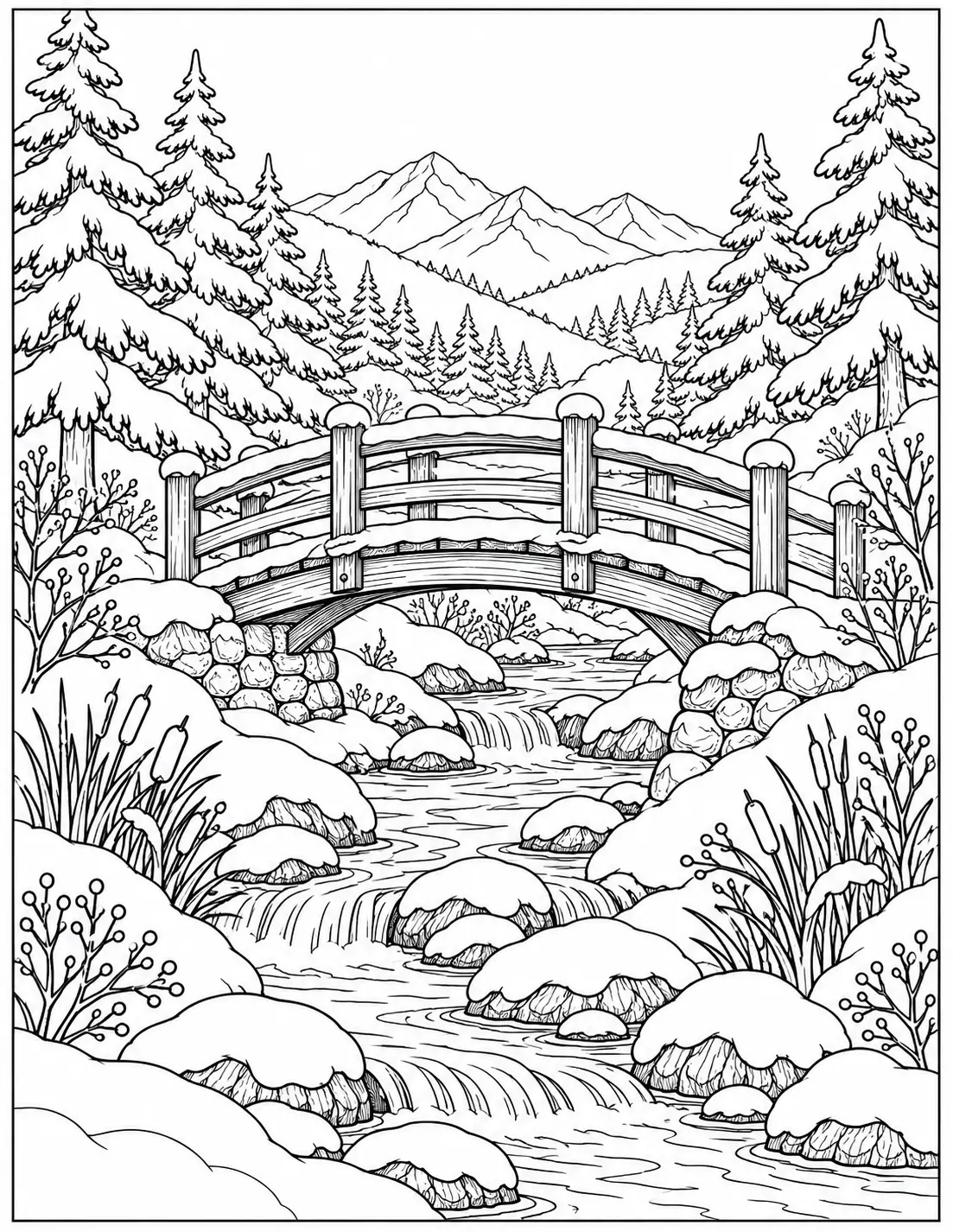 Snowy wooden bridge over a winter stream coloring page for adults