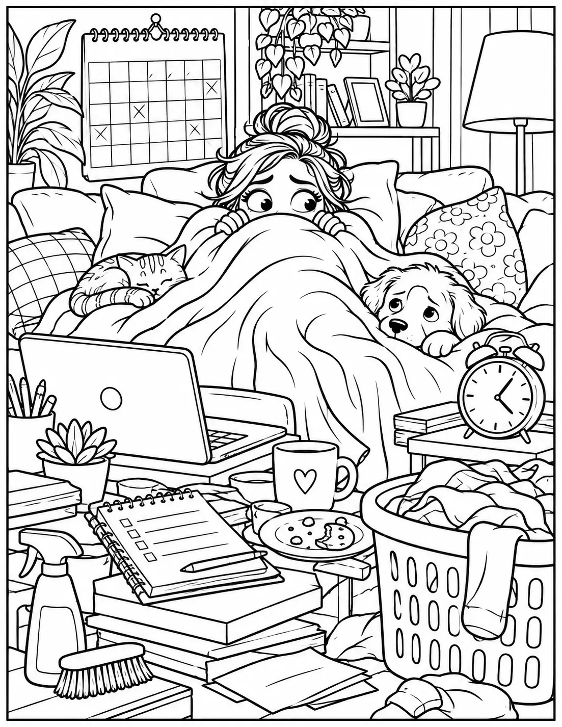 Funny adult coloring page of a woman hiding under blankets on Sunday night