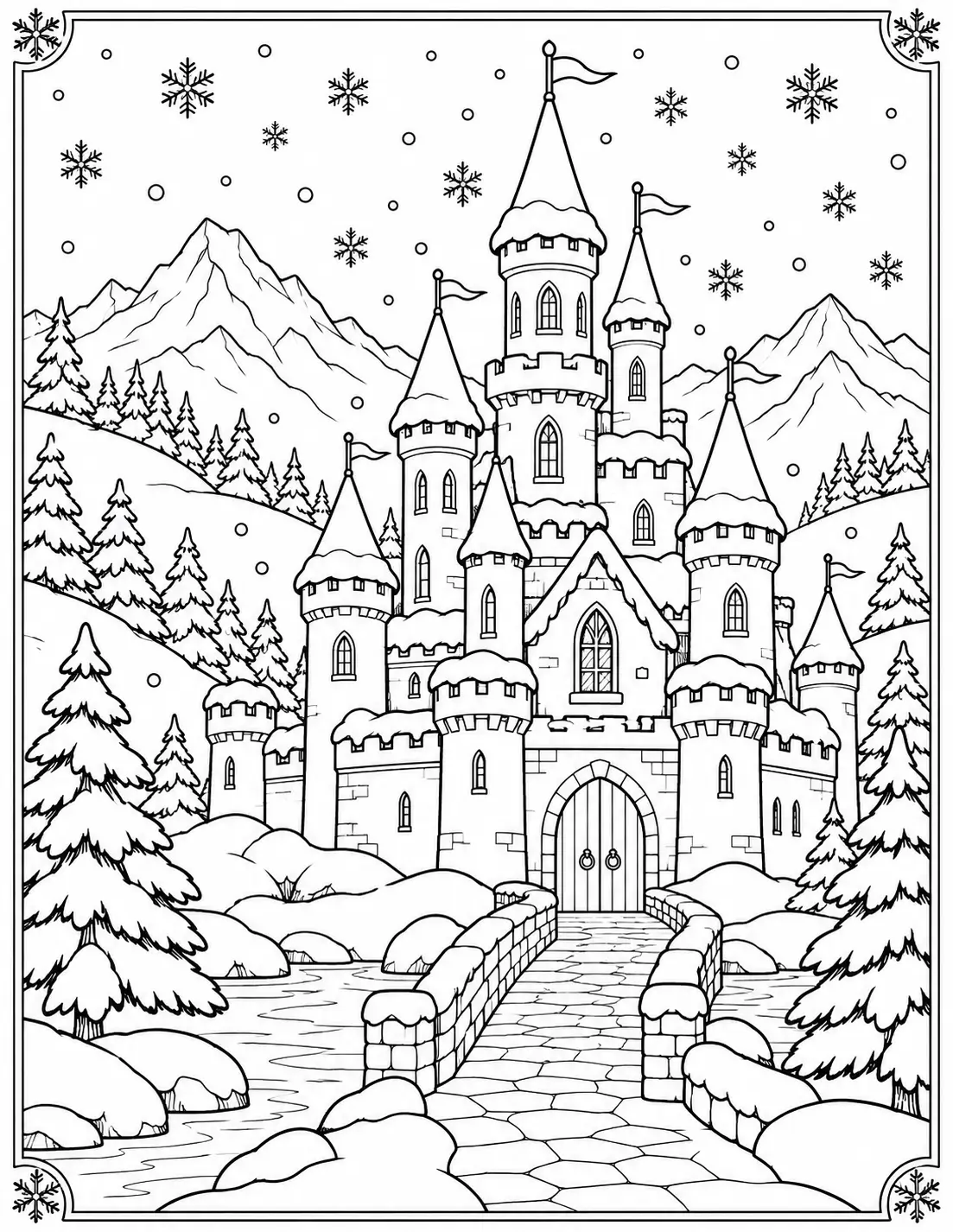Winter snow castle with snowy pine trees, mountains and falling snowflakes coloring page
