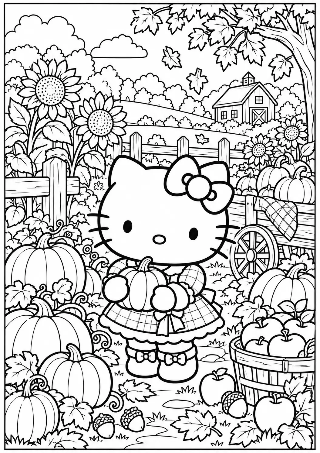 Hello Kitty autumn pumpkin patch coloring page for adults