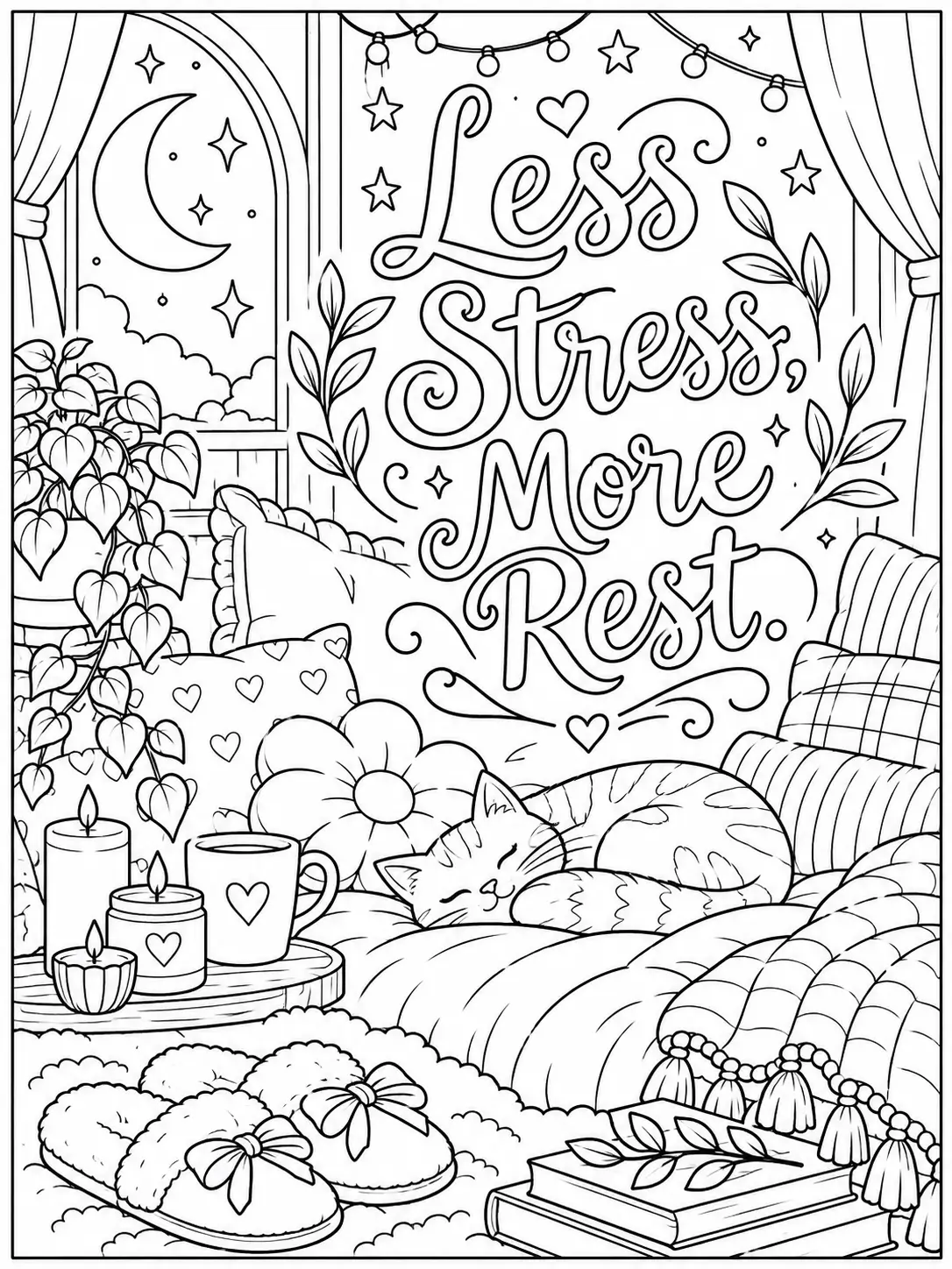 Less Stress More Rest quote coloring page with a cozy bed, sleeping cat, candles, and slippers