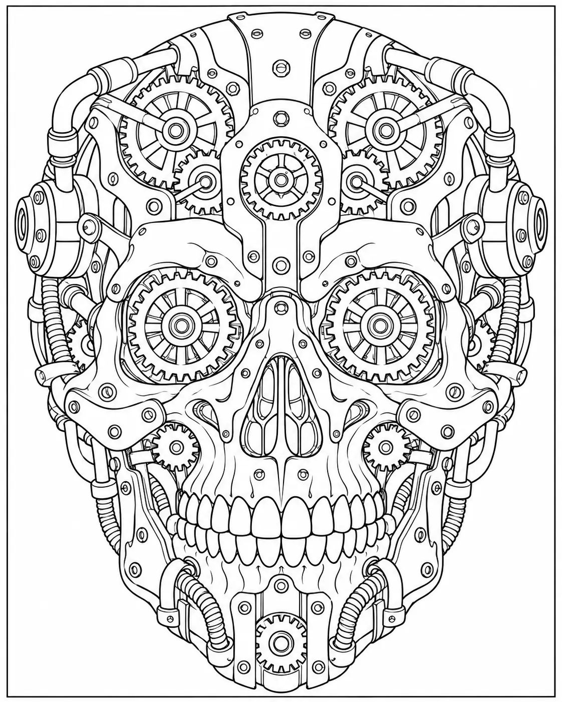 Mechanical skull coloring page with gears for adults